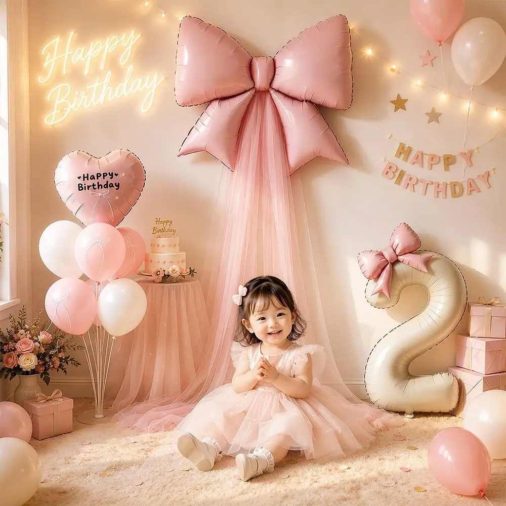 DIY Bowknot Design Bow Balloon Set 40 Inch Large 32 Inch Size Birthday Balloon Decoration Milk White Color Pink Mesh Included