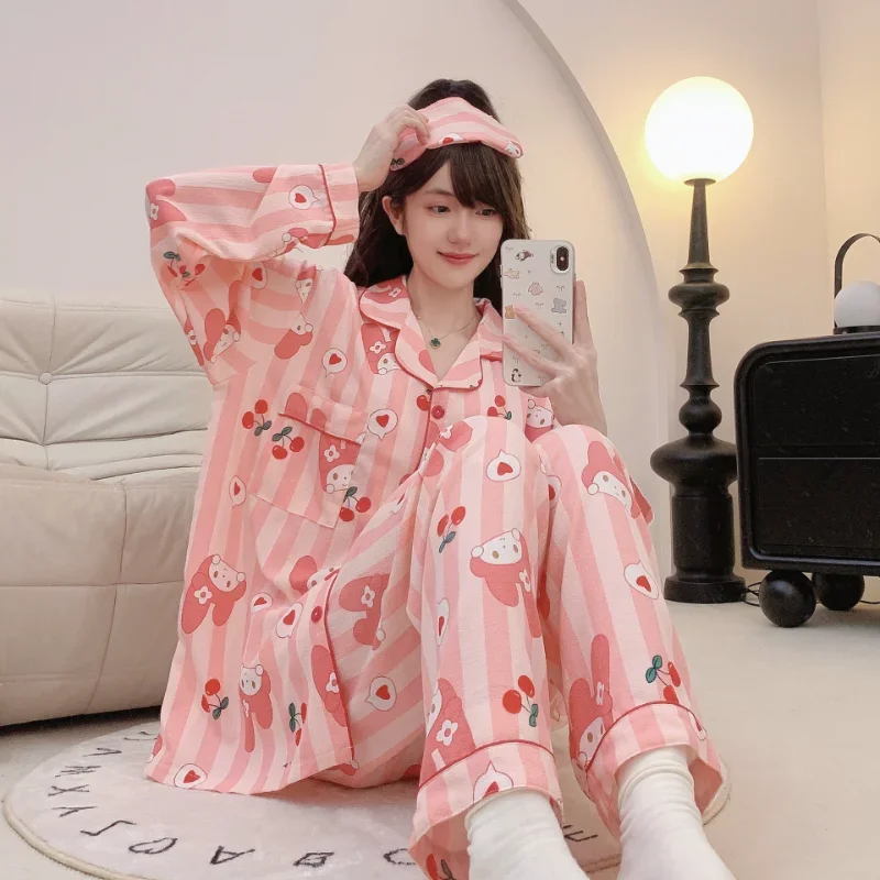 Sanrio Kulomi Pijama de mangas compridas feminino, pijama de seda, calça casual, algodão novo, outono, conjunto de duas peças