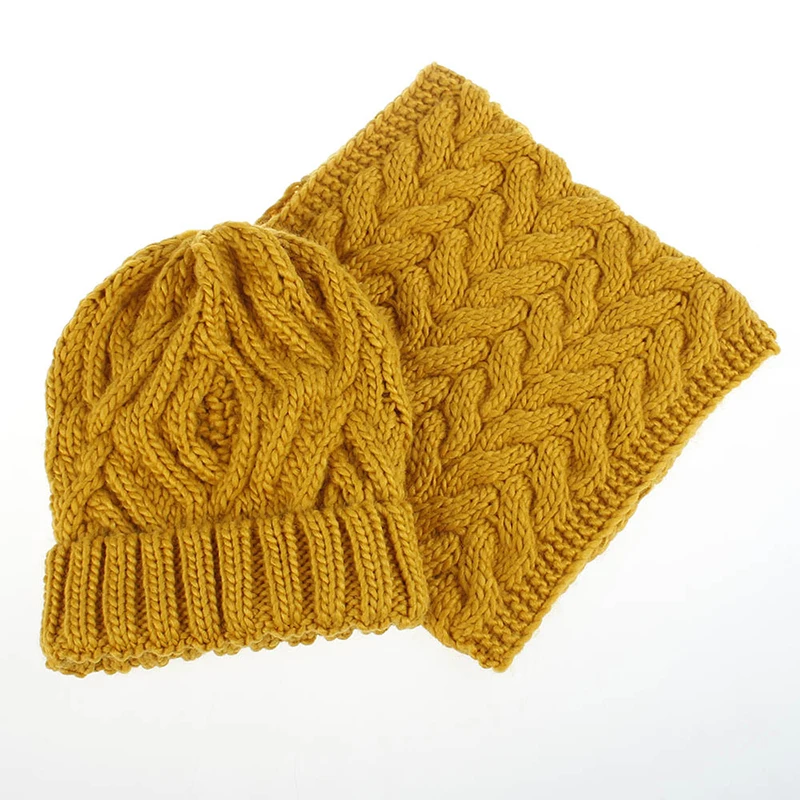 Gorro de punto para mujer, conjuntos de bufanda, Jersey de punto cálido para invierno, gorros de lana de Color sólido a la moda, bufandas, gorro grueso a prueba de viento