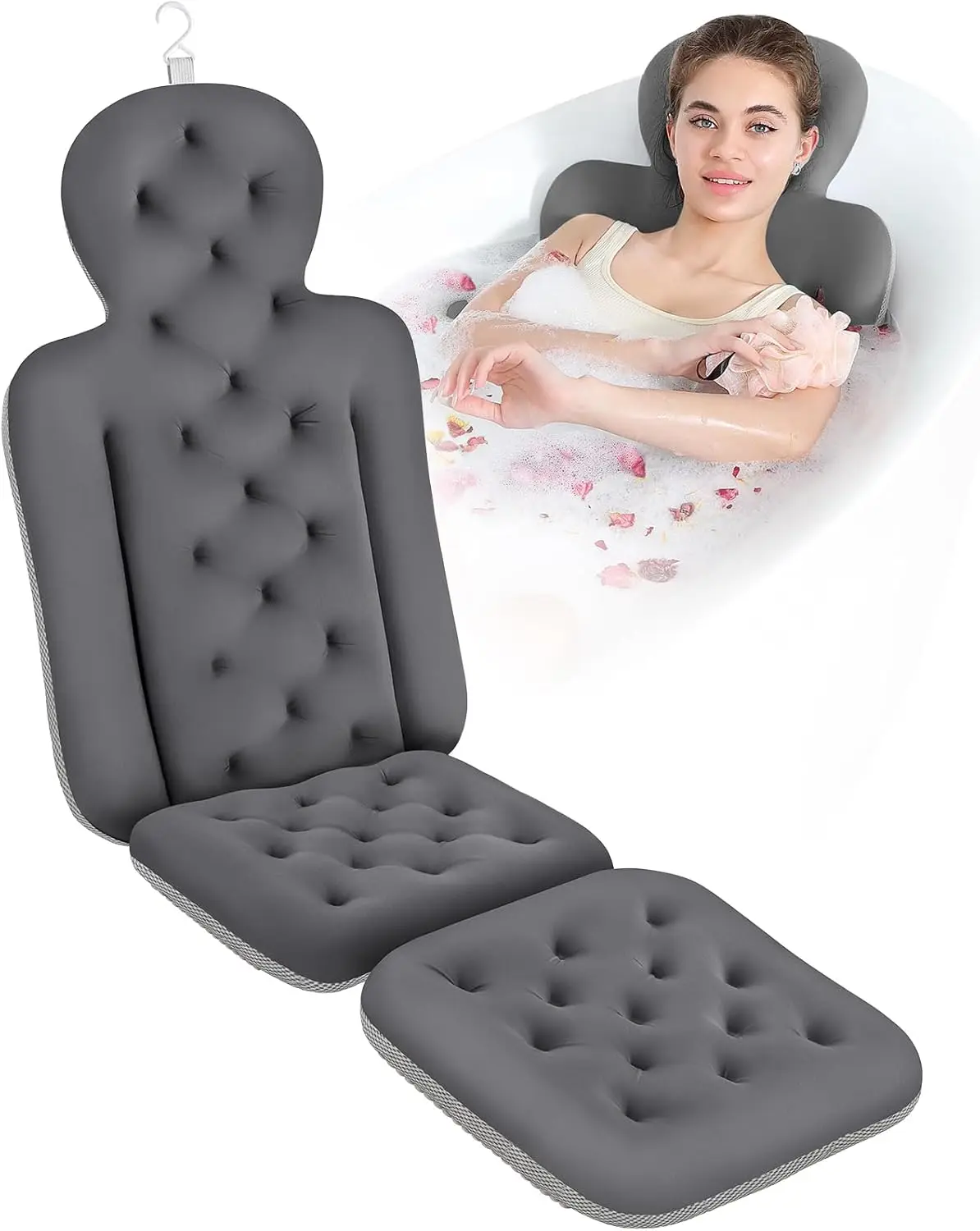 

Full Body Bathtub Pillow with 160 Suction Cups, Head Neck Back Support Bath Mat, Spa Relaxation Cushion (Dark Gray)