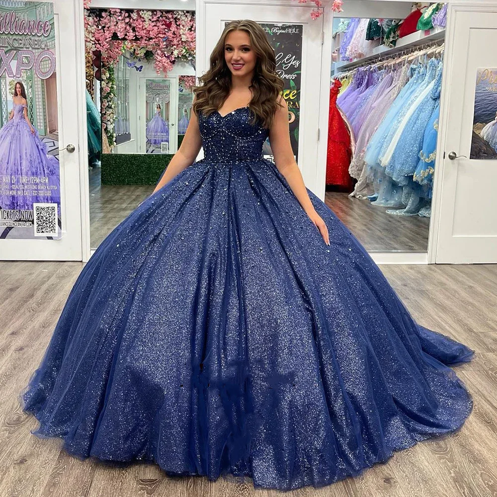 فساتين ANGELSBRIDEP-quceanera للفتيات ، ثوب الكرة ، رداء رايات ، الخرز الأنيق ، الأزرق الداكن ، بدون حبال ، حسب الطلب