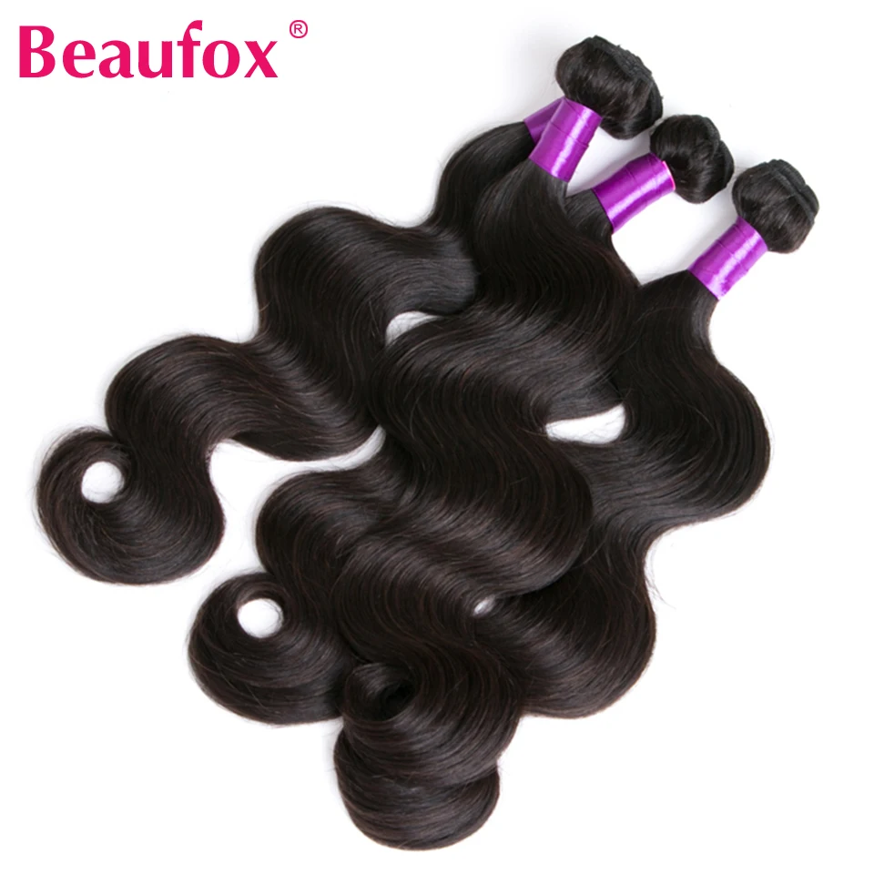 Beaufox-Body Wave Pacotes de cabelo humano, extensões de cabelo Remy, Cabelo brasileiro Weave Pacotes, Natural, Jet Black Color, 32 em