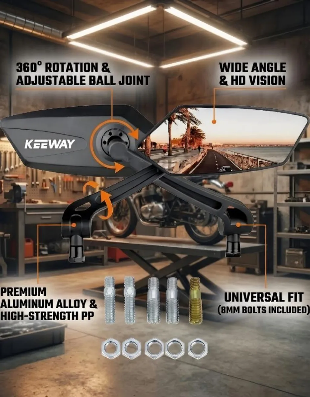 Регулируемые поворотные зеркала заднего вида для мотоциклов Keeway 50, Vieste 300, Zahara, RKV, RKF 125, RKS 150