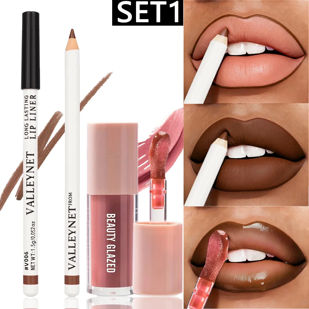 Óleo labial nude 2 tamanhos, delineador + óleo labial fosco, batom de veludo de longa duração, à prova d'água, conjunto de combinação de maquiagem, cosméticos