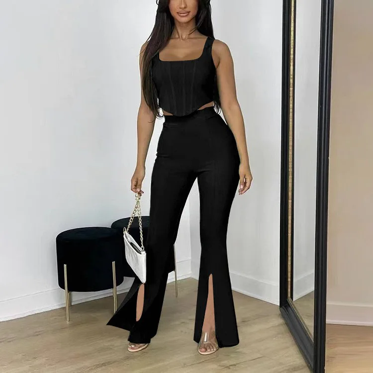 BKLD 2024 Women Two Piece Set Slim Fit Sleeveless Tank Top Split Pant Sets Fashion Solid Color Sexy Night Club Outfits