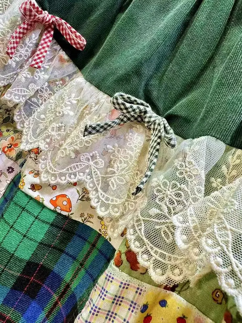 Mori menina feminina algodão retalhos babados rendas denim midi saia vintage retro chique cottagecore doce bonito lolita saia longa