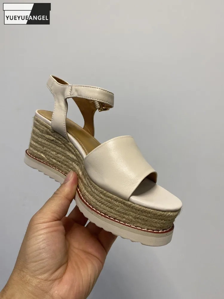

Women Summer Elegant Genuine Leather Buckle Height Increase Sandals Straw Open Toe Ladies Comfortable Breathable Sandals Shoes