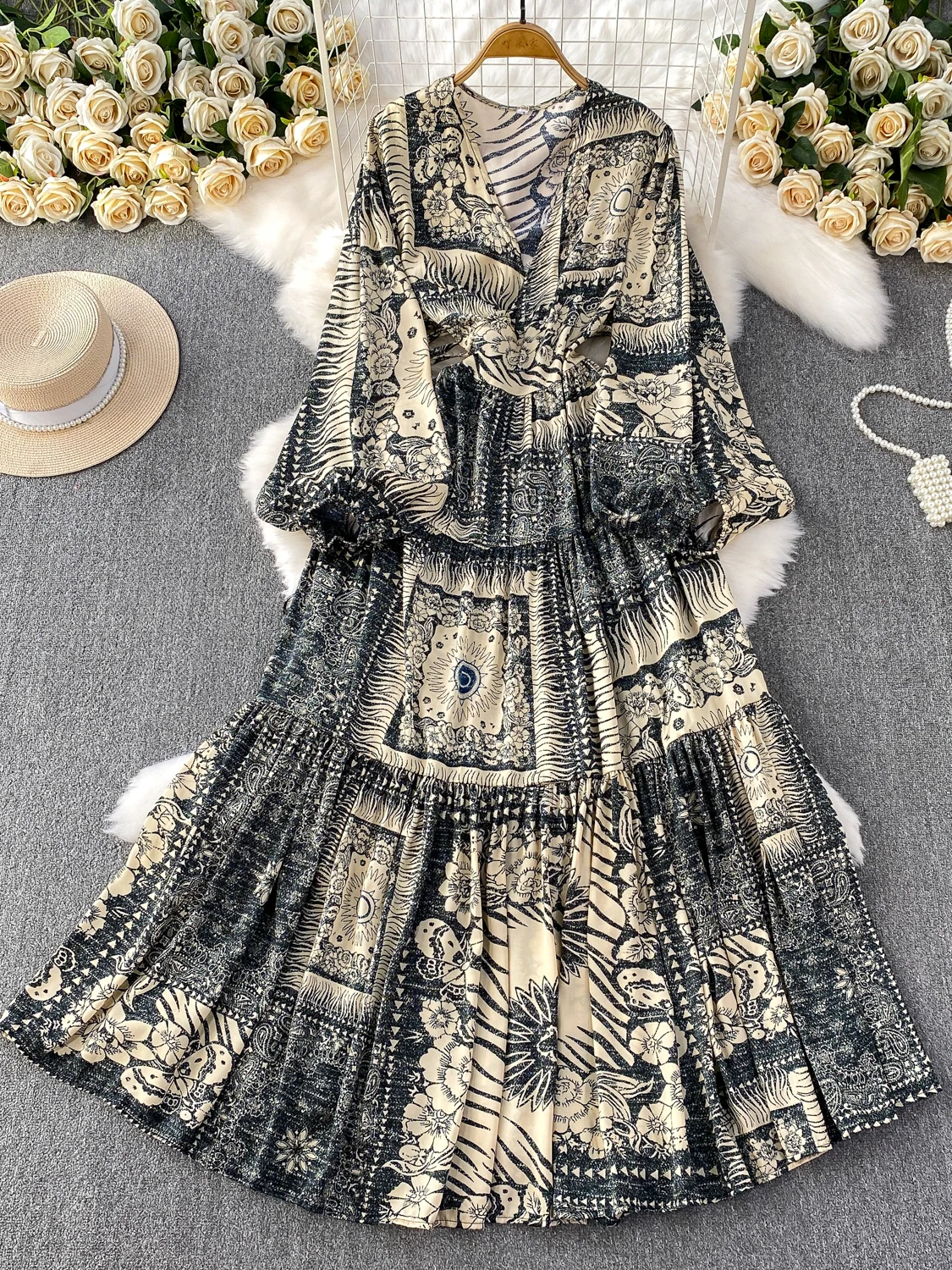 Ele Lange Dr vrouwen Sexy V-Ne Print Hoge Taille Verzameld Afslanken Rok Koreaanse Sle Pendelen Zomer Anti-bal