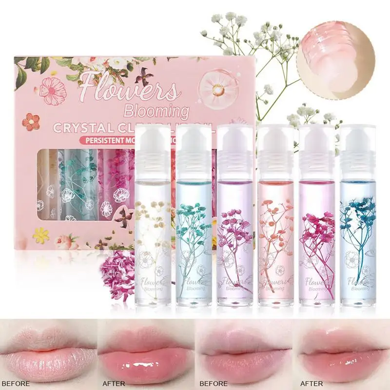 Bálsamo labial Roll-on de flores, brillo de labios transparente, aceite de labios transparente hidratante, brillo de labios hidratante de larga duración, maquillaje para el cuidado de los labios