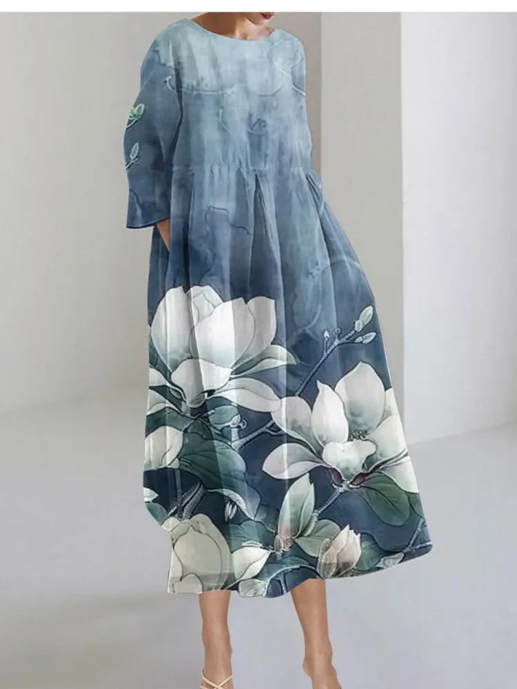 

Dresses 2024 Fashion Women Casual Flower Printed Round Neck Long Sleeve Dress Elegant Loose Pockets New Pullover Autumn Ladies