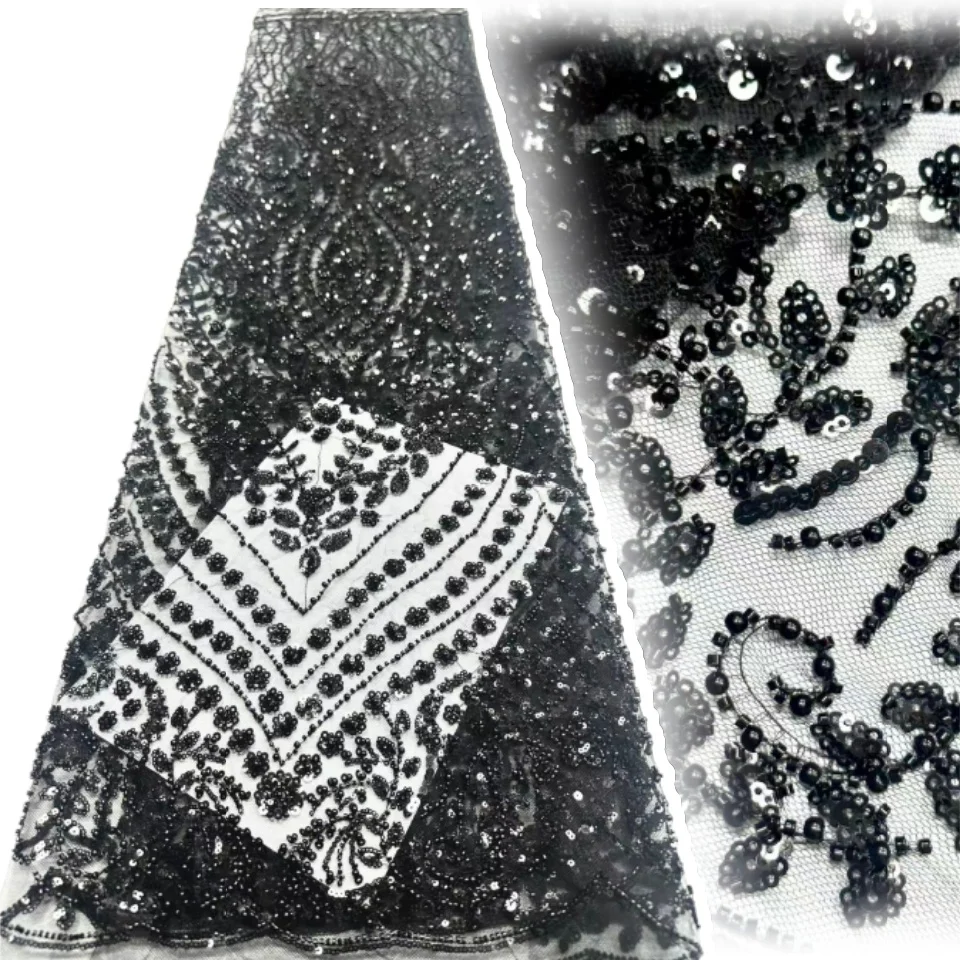 

Французская кружевная ткань высокого качества, африканская бисерная вышивка, нигерийский тюль с блестками, кружево 5 ярдов для шитья вечерних платьев TP1681