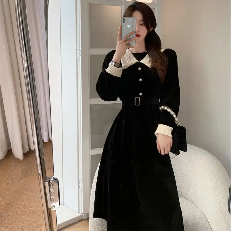 Dresses Women Vintage Design Fashion Temperament British Style Peter Pan Collar Leisure Empire Sweet Patchwork Stylish Vestidos