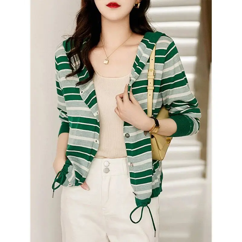 2023 New Spring and Autumn Fashion Commuter Simple Stripe Colored Casual Loose Hooded Drawstring Knitted Cardigan Coat Women