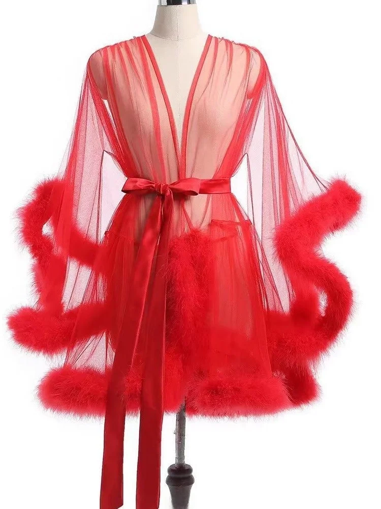Sexy Transparent Mesh Outer Robe Bathrobe Nightgown See through Home Clothes Fur Splicing Sleeve mid Length Coat for Women view 2