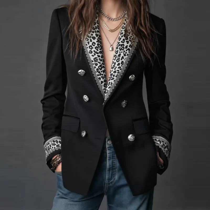 2026 New Women's Autumn And Winter Suit Jacket Leopard Print Splicing Fashionable Commuting Formal Unique High-end Suit Jacket