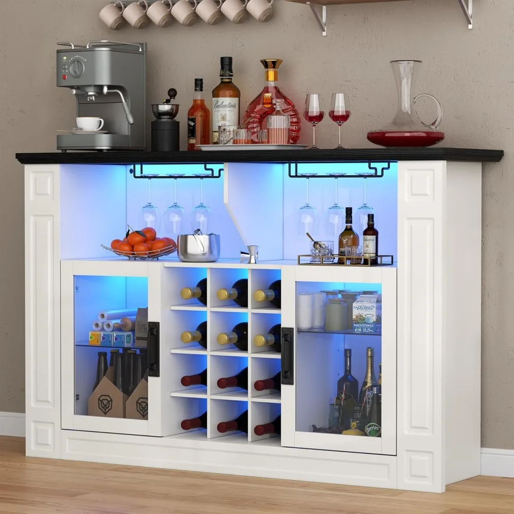 

Wine Bar Cabinet with LED Light, Kitchen Coffee Bar Cabinet with Glass Rack and Removable Wine Racks, Liquor Cabinet with Glass