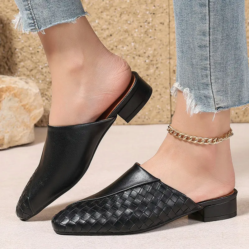 Shimmery Metallic Gold Silver Closed Toe Women Summer Slides Sandals Square Low Heels Slip-on Casual Mules Slippers Big Size 45