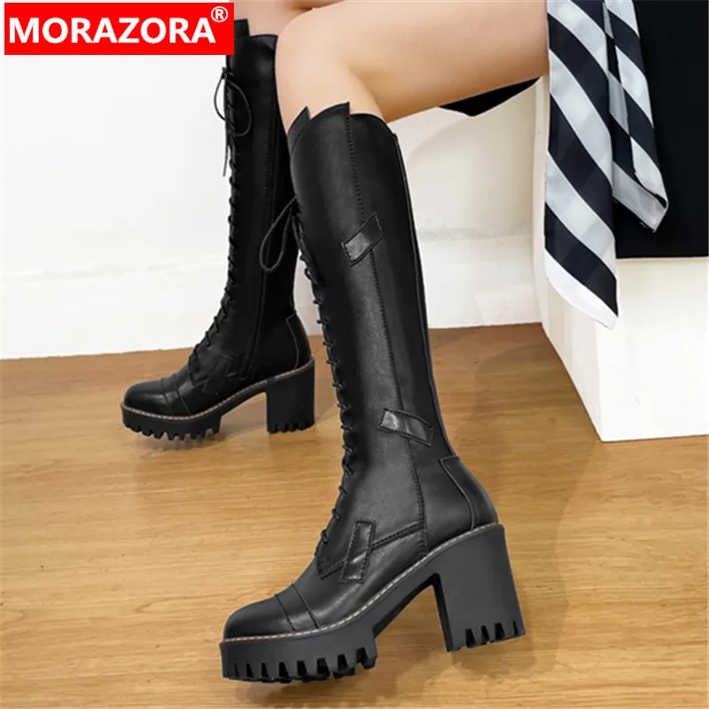 

MORAZORA 2024 New Genuine Leather Zipper Knee High Boots Cool Ladies Narrow Band Platform Boots Thick High Heels Winter Boots