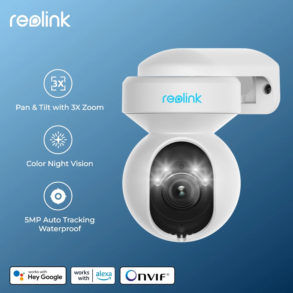 Cámara IP Reolink Serie E de 5 MP con WiFi, movimiento horizontal y vertical, zoom 3X, detección inteligente por IA, seguimiento automático, audio bidireccional y cámara de vigilancia