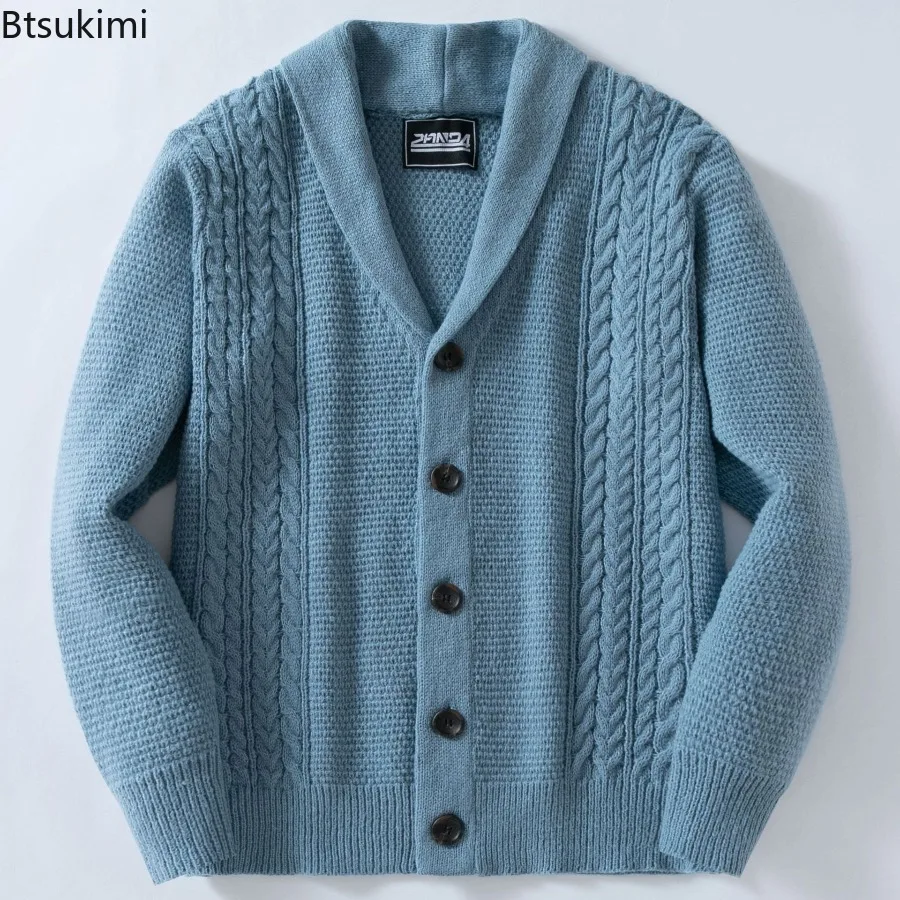 Men Shawl Lapels Cable Knit Cardigan Long Sleeve Open Front Sweater Coat Casual Warm Daily Street Autumn Winter Male Outerwear