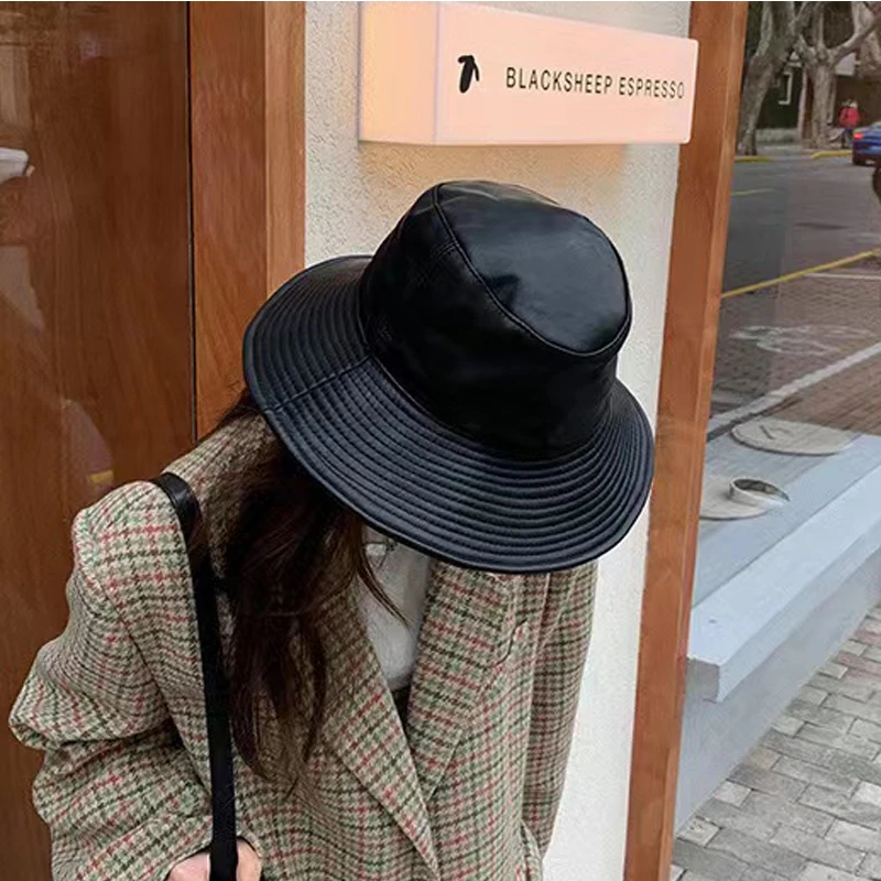 

Genuine Leather Bucket Hat For Women Korean Fashion Surper Big Brim Sheepskin Fisherman Caps Mujer Black Bob Chapeau Streetwear