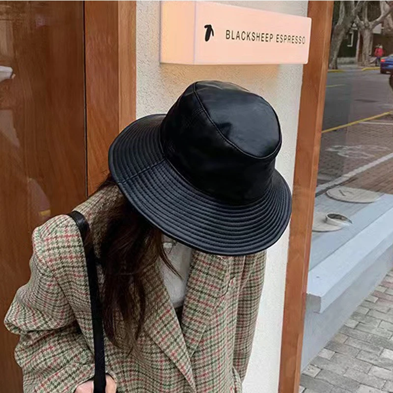 Genuine Leather Bucket Hat For Women Korean Fashion Surper Big Brim Sheepskin Fisherman Caps Mujer Black Bob Chapeau Streetwear