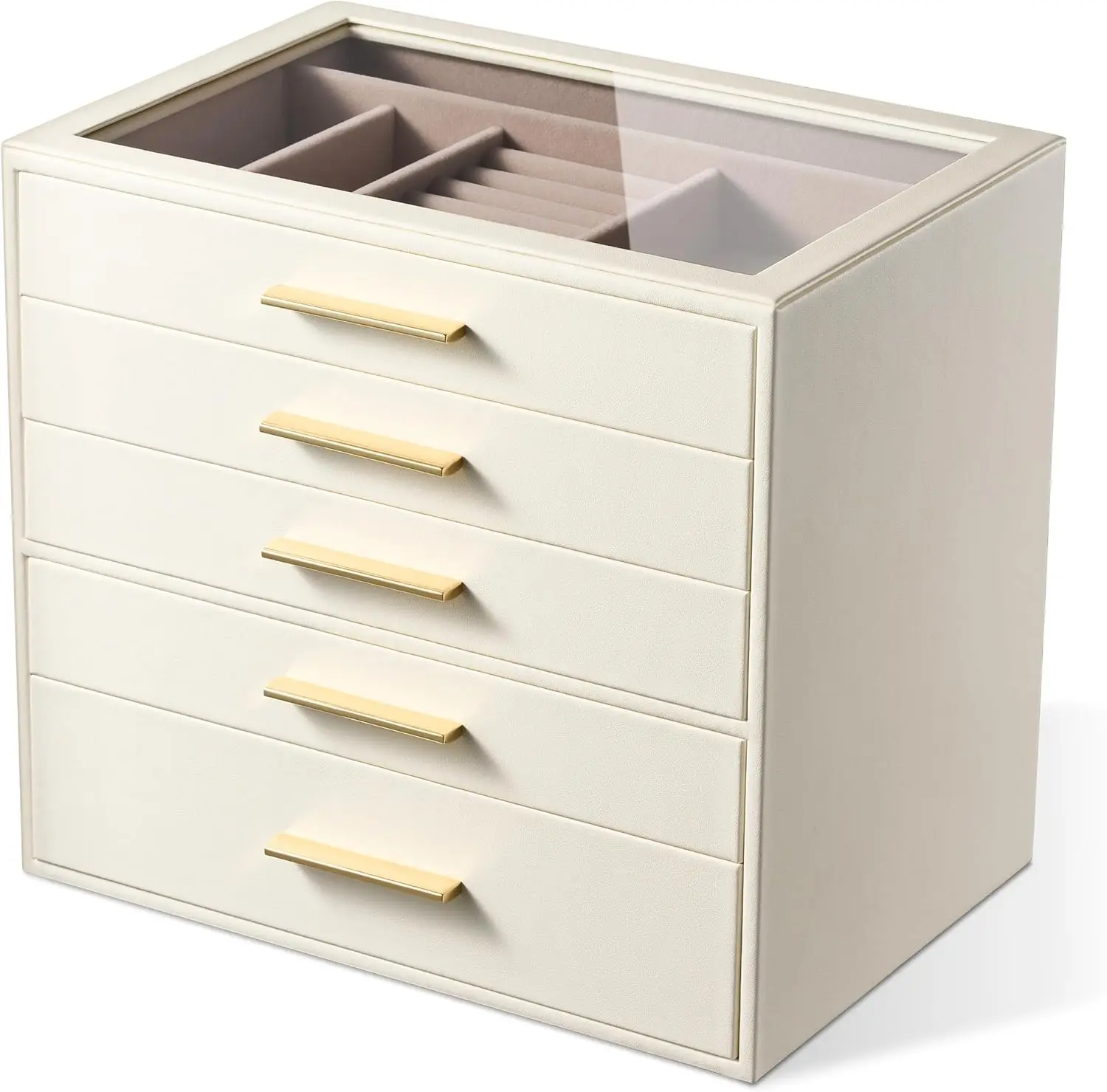 

Шкатулка-органайзер для украшений для женщин: 5-слойный футляр для хранения украшений со стеклянным окном, из кожи цвета слоновой кости с розовым бархатом, Ho