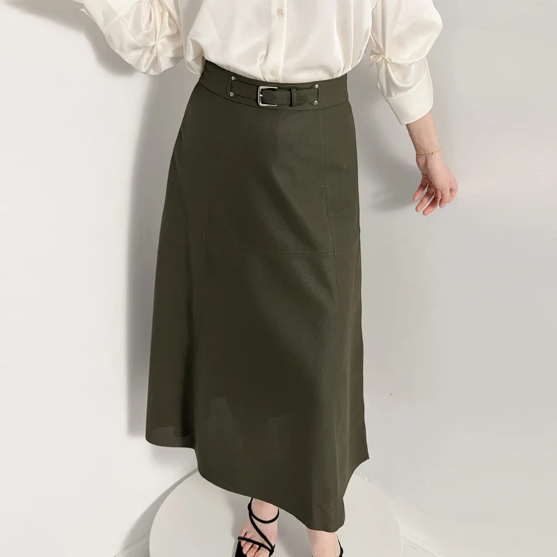 Fashion Hollow-out Design Real Leather Long Skirts Elegant Ladies Olive Green High Waist First Layer Sheepskin A-line Long Skirt