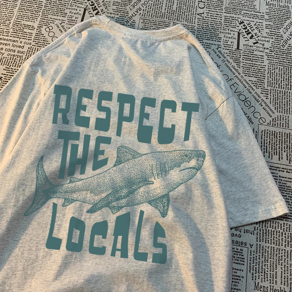 Respect The Locals Shark Printing Tshirt Breathable Street T-Shirt High Quality T Shirts Tee Clothes Summer Cotton Couple Tops