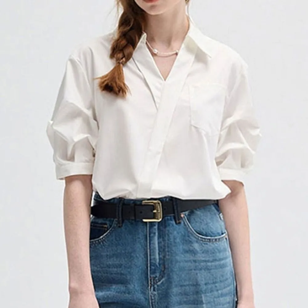 V-neck Long Sleeve Shirts Tops Loose Clothing Sleeves White Korean Style Blouse Short Slim Fit Simple Slim Buttons Shirts Travel