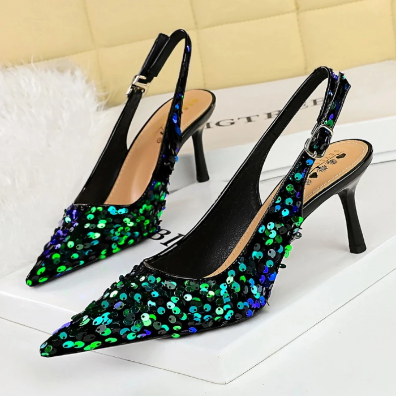 Sequins Luxury Wedge High Heels Women Pumps Pointed Designer Sandals Ankle Straps Gold Silver Glitter Fashion Party Dress Shoes