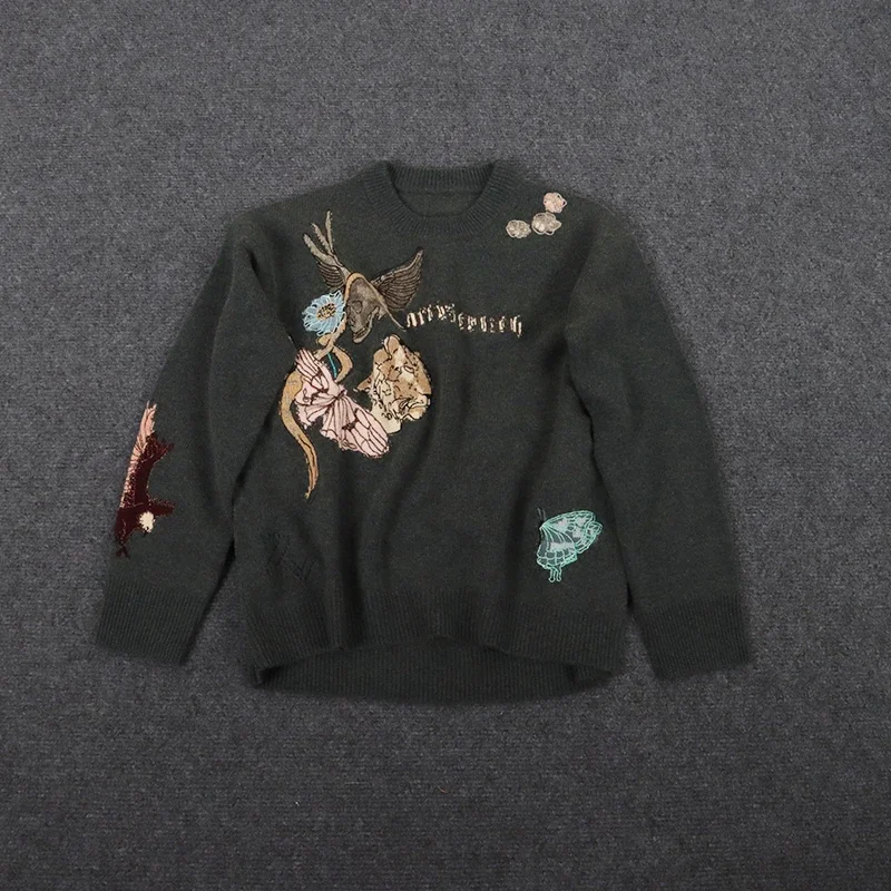 100% Cashmere Women's Knitted Pullover Spring 2025 Butterfly Skull Letter Embroidery Round Neck Long Sleeve Fashion Sweater