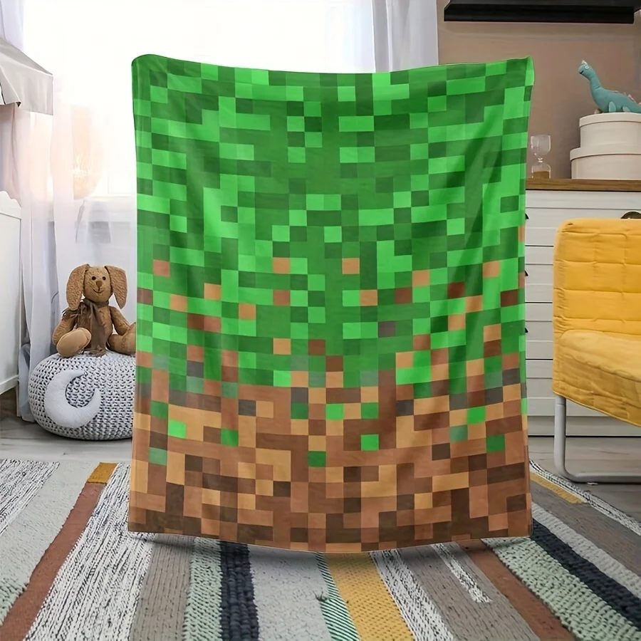 

VIKAMA Pixel-Style Green Wonderland Kids' Blanket Flannel Non-Shedding Children's Room Nap Blanket Decorative Throw