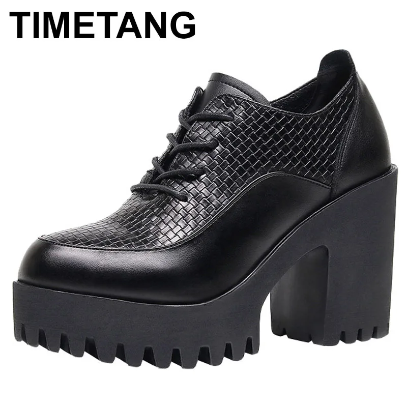 

8cm 10cm Fashion Knit Leather Shoes with Heels Fall Winter Deep Mouth Block High Heels Shoes Platform Oxfords for Model