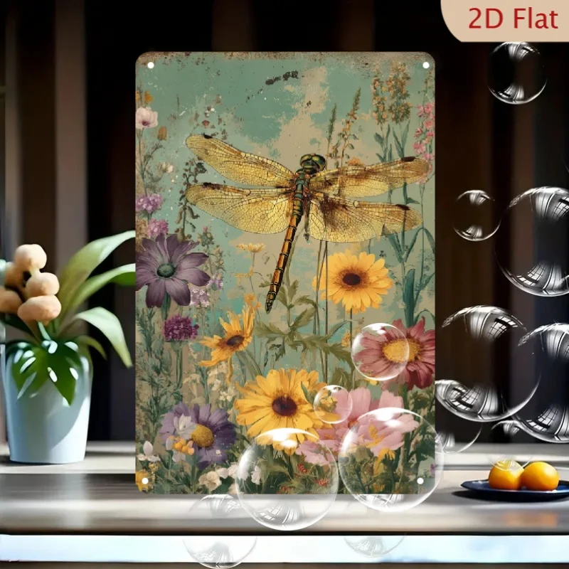 Vintage Metall-Blechschild mit Libelle und Blumenmuster, rustikale Gartenwanddekoration für Café, Zuhause, Terrasse, 20x30 cm