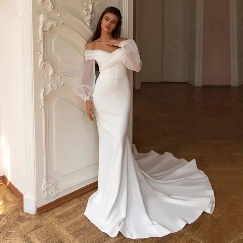 Customize To Measures Women  Women Mermaid Long Sleeve White Off The Shoulder Bridal Gown Train Vestido De Novia Elegant Robe