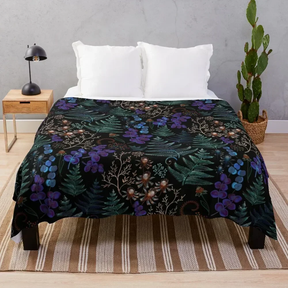 

Moody Florals with Fern Leaves on Black Throw Blanket Stuffeds Decorative Beds manga Hairy Blankets