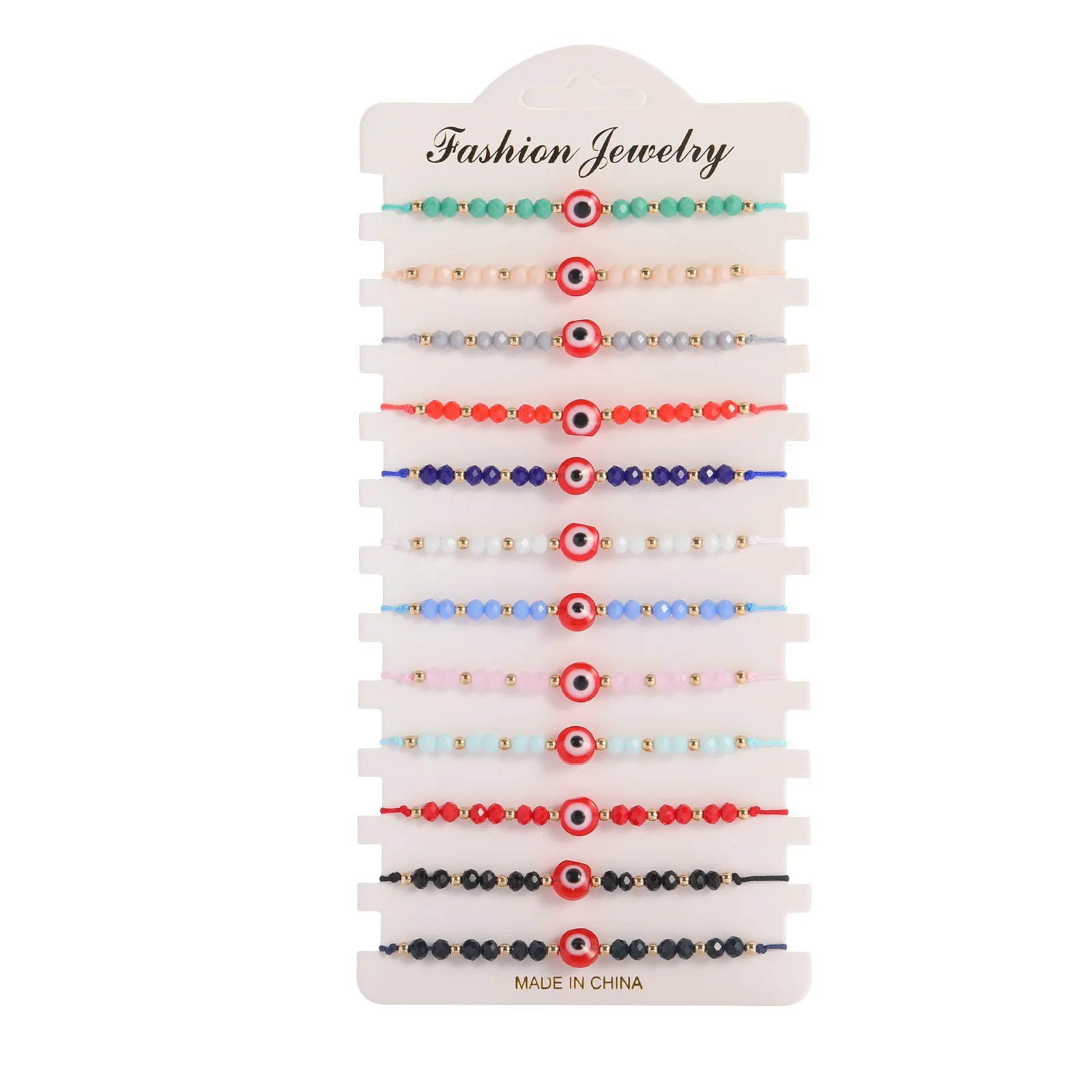 12pcs/Set Wholesale Glass Crystal Round Evil Eye Lucky Bracelet Women Hot Fashion Summer Beach String Braided Jewelry Present