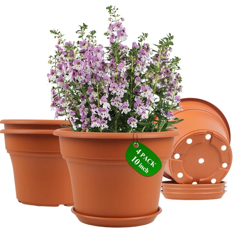 

10-дюймовый пластиковый цветочный горшок для комнатных растений, 4 упаковки, большой уличный горшок для цветов с дренажными отверстиями, блюдца, смоляные горшки для барабанов и сада