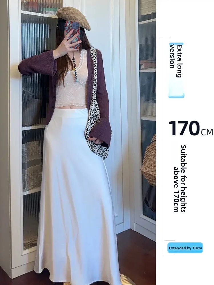 

Extended Length Acidic Satin Fi Tail Skirt for Women mid Waist A-Line Slimming f Body Long Skirt Commute Korean Sle