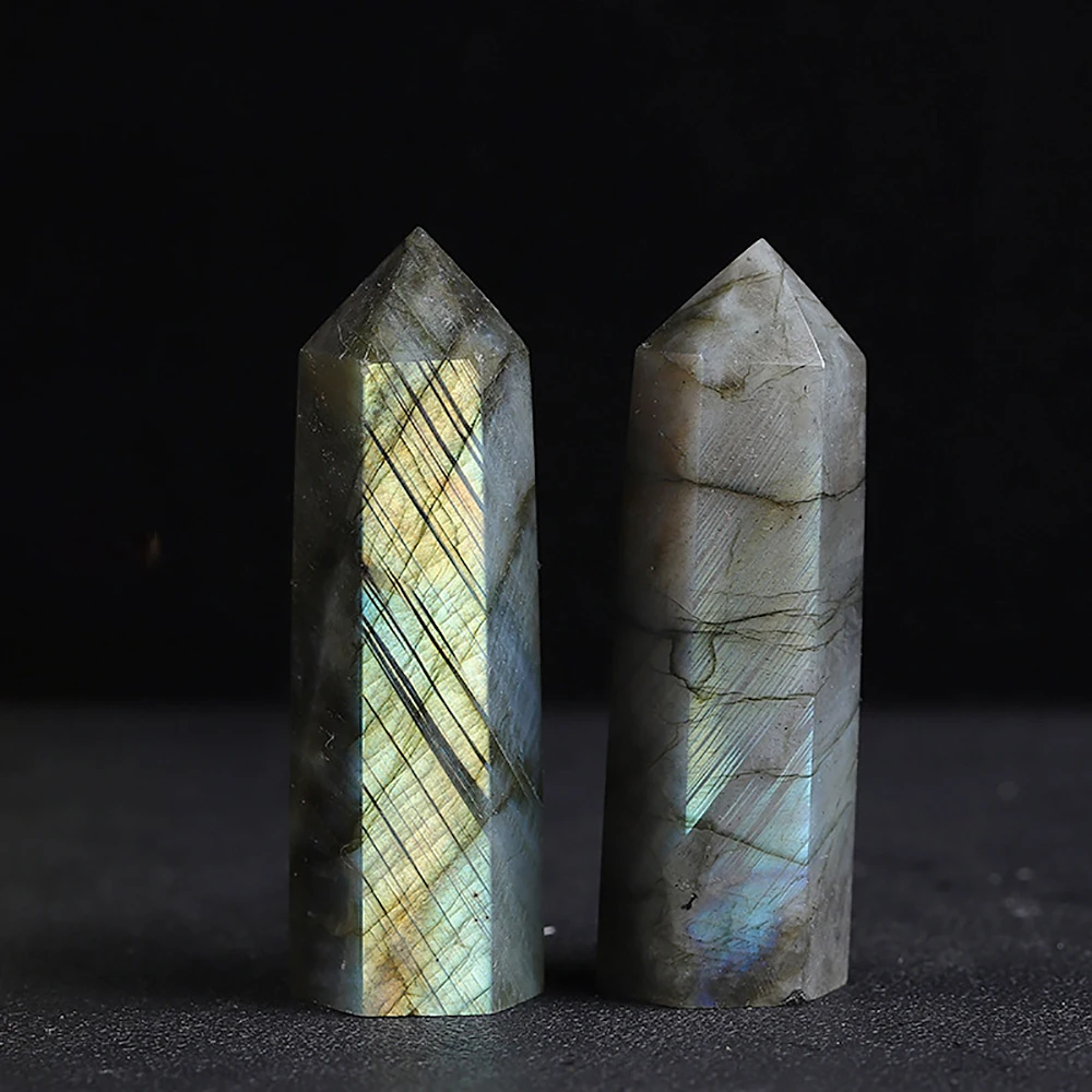 Natural Moonstone Crystal Column Labrador Stone Quartz Crystal Point Mineral Obelisk Column Wand Living Room Decorative Crafts