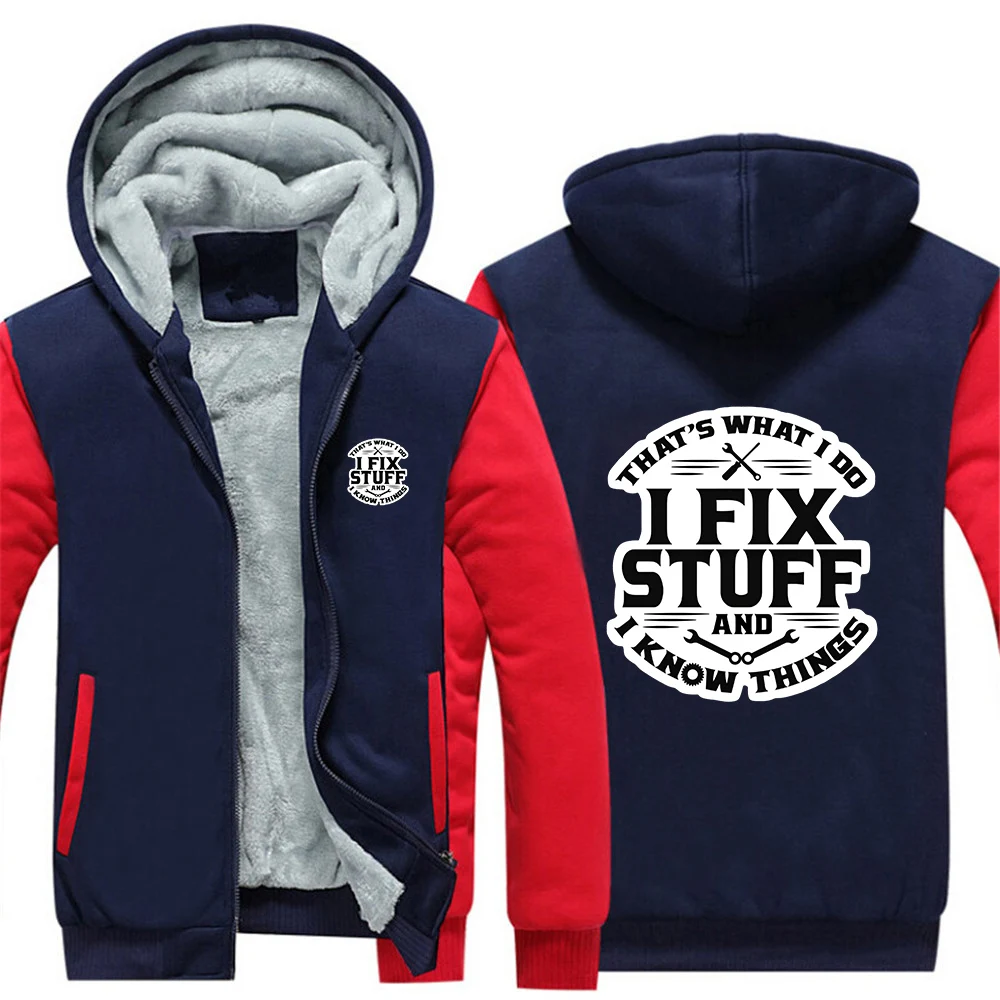 2025 Autumn Winter Men's Mechanic I Fix Stuff and I Know Things Print High Street Thicken Zipper Hoodies Comfortable Coat