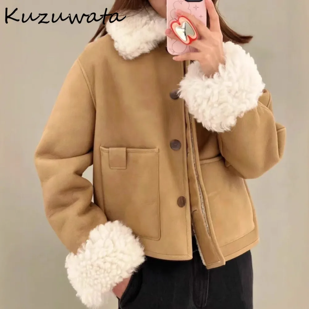 Kuzuwata Elegant Office Lady Loose Single Breasted Mujer Chaqueta Slim Thicked Fur Warm Jacket Japan New Soft Casual Luxury Coat