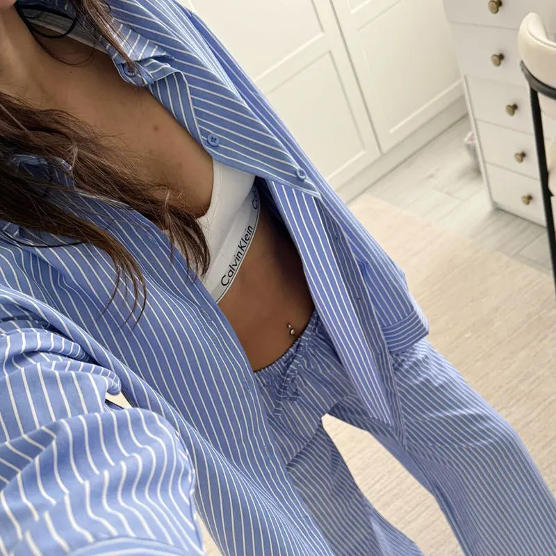 Dsmtrc feminino casual listra azul solto ternos botões camisa + calça com cordão 2025 nova moda verão feriados simples conjuntos elegantes