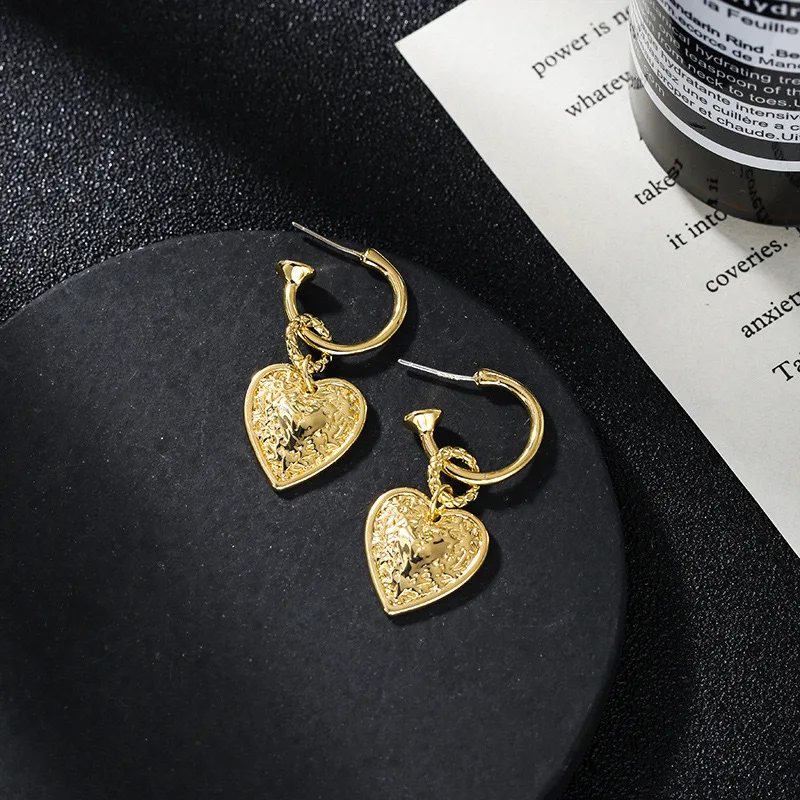 

925 Sterling Silver Vintage Embossed Pattern Gold Color Heart Earrings Anniversary Birthday Wedding Party Gift
