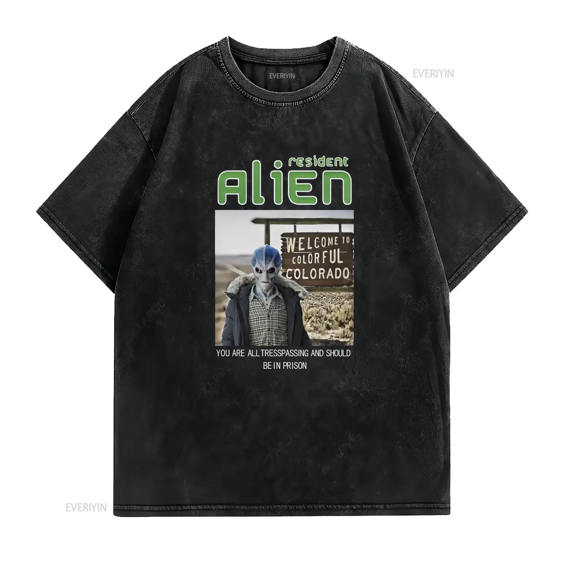 Resident Alien T shirt vintage Washed Casual Top For Everyday Wear Versatile Unisex Soft designer clothes homme graphic