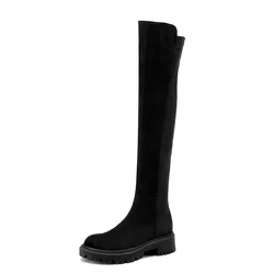 Cow Suede Stretch Women Thigh High Boots New Autumn Winter 5CM Square Heels Sexy Lady Black Zipper Platform Over The Knee Boots