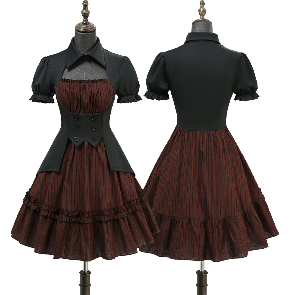 فساتين نسائية جديدة لعام 2026 بياقة مقلوبة على الطراز القوطي مخططة مطبوعة بأزرار وهمية 2 في 1 فستان على شكل حرف A أزياء فيستدوس