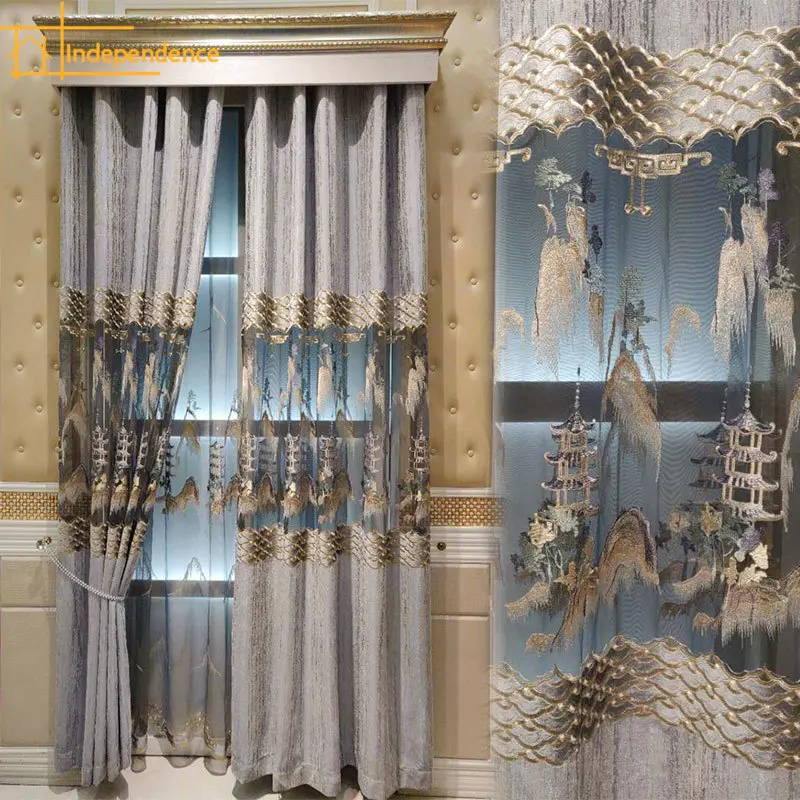 New Chinese Style Coffee Colored Jacquard Snow Neill Landscape Painting Embroidery Window Curtains for Living Room Bedroom Study