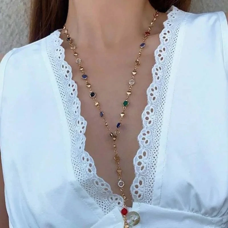 31.2in Fashion Colorful Glass Long Y-shaped Necklace Metal Collarbone Chain Gold Silver Color Summer Holiday Party Body Jewelry